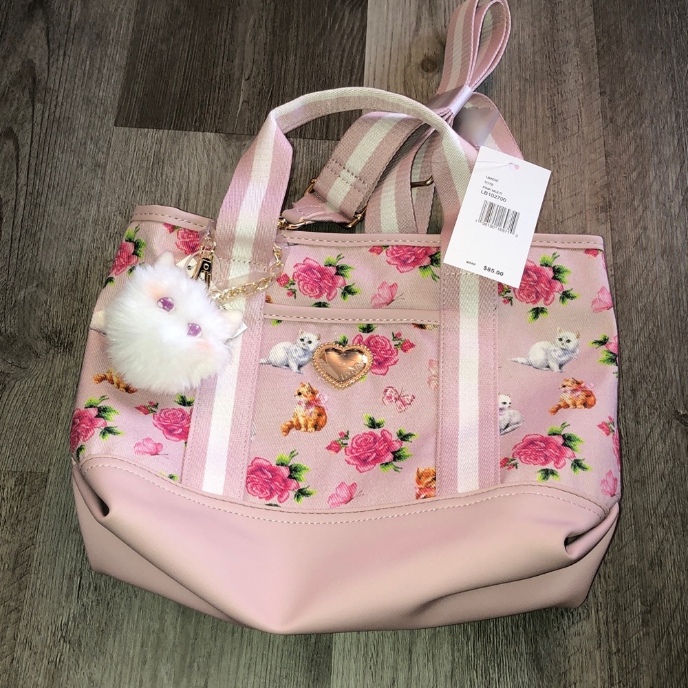 Luv Betsey by Betsey Johnson Pink Multi Cat Rose Butterfly Print Canvas Tote NWT